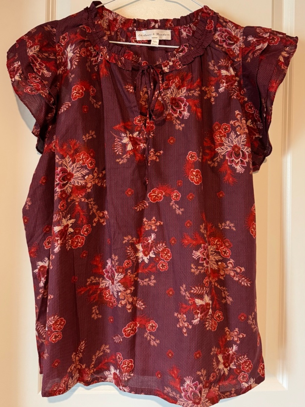 Chelsea & Theodore Burgundy Floral Cap-Sleeve Blouse 1X